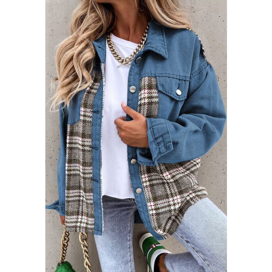 Plaid Pocketed Button Up Denim Jacket French Blue / S Clothing