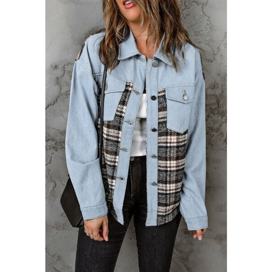 Plaid Pocketed Button Up Denim Jacket Misty Blue / S Clothing