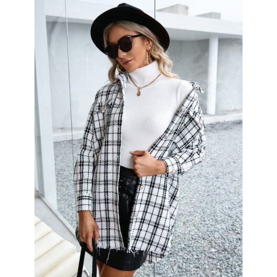 Plaid Pocketed Button Up Dropped Shoulder Jacket Apparel and Accessories