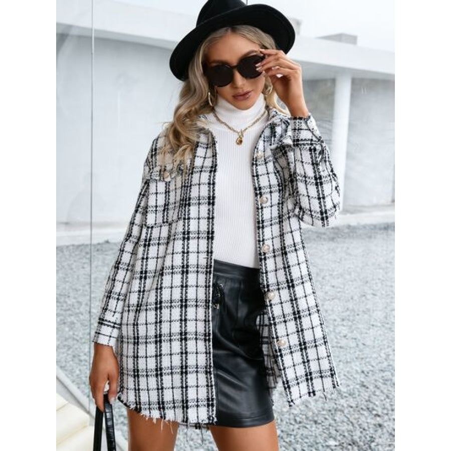 Plaid Pocketed Button Up Dropped Shoulder Jacket Apparel and Accessories