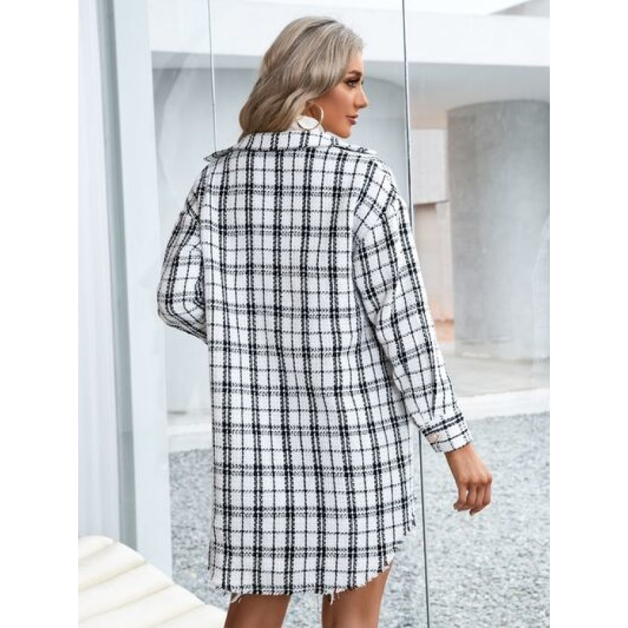 Plaid Pocketed Button Up Dropped Shoulder Jacket Apparel and Accessories