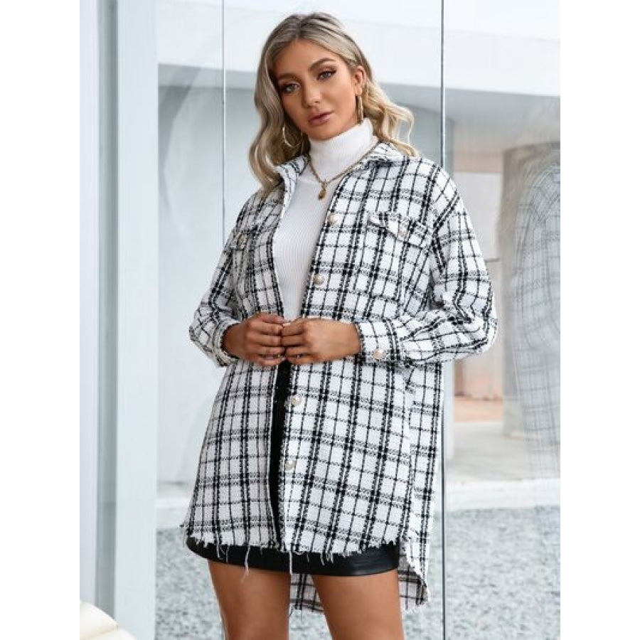 Plaid Pocketed Button Up Dropped Shoulder Jacket White / S Apparel and Accessories