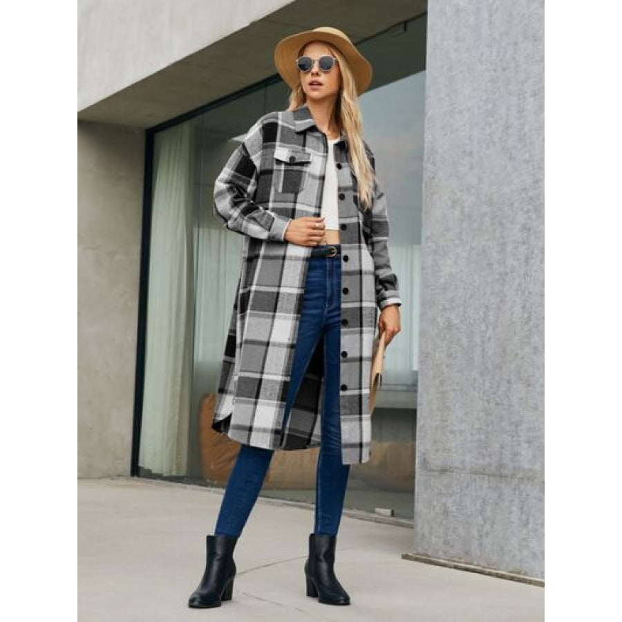 Plaid Pocketed Button Up Trench Coat Black / S Clothing