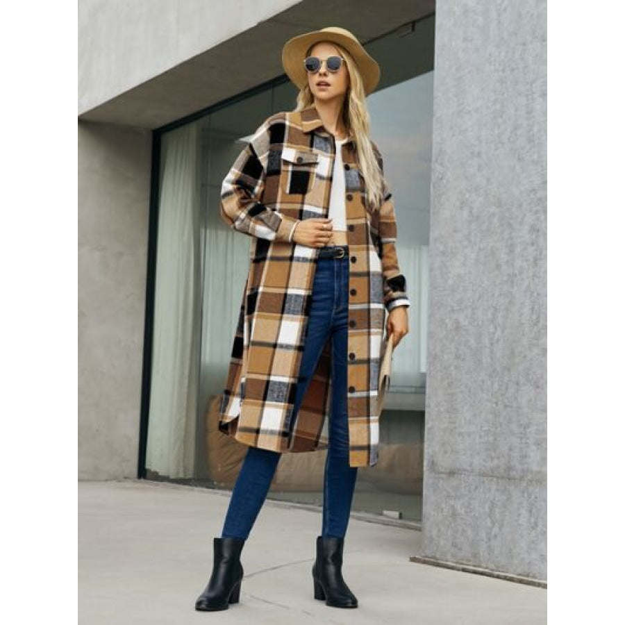 Plaid Pocketed Button Up Trench Coat Caramel / S Clothing