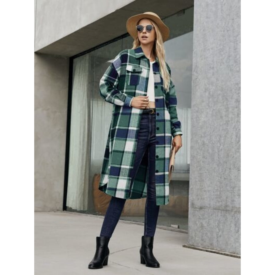 Plaid Pocketed Button Up Trench Coat Clothing