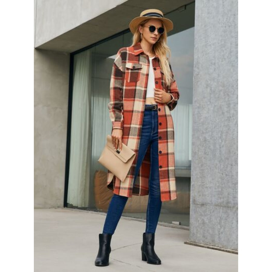 Plaid Pocketed Button Up Trench Coat Clothing