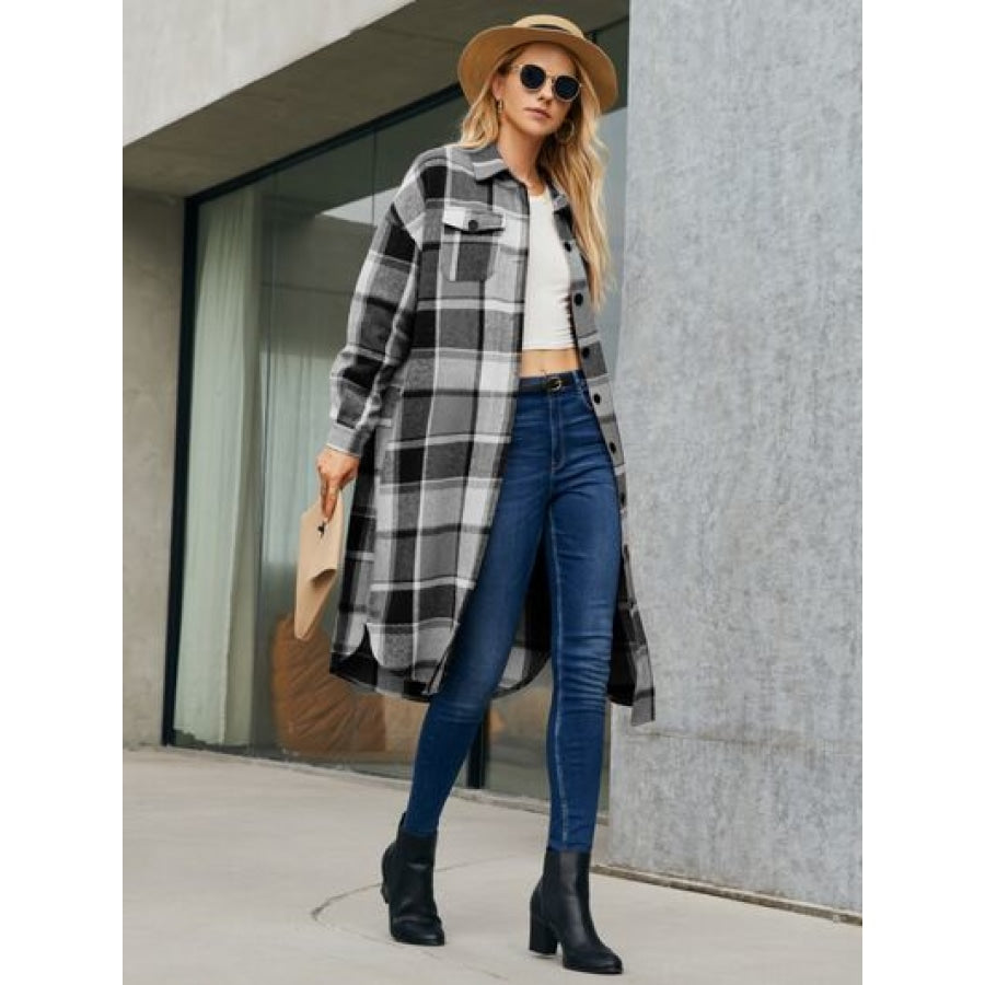 Plaid Pocketed Button Up Trench Coat Clothing