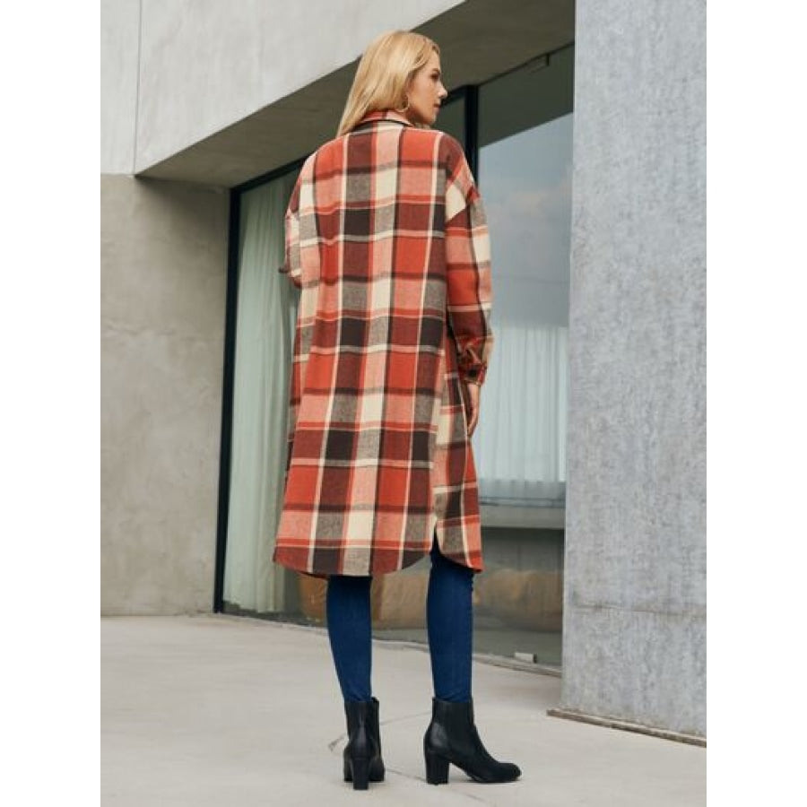 Plaid Pocketed Button Up Trench Coat Clothing