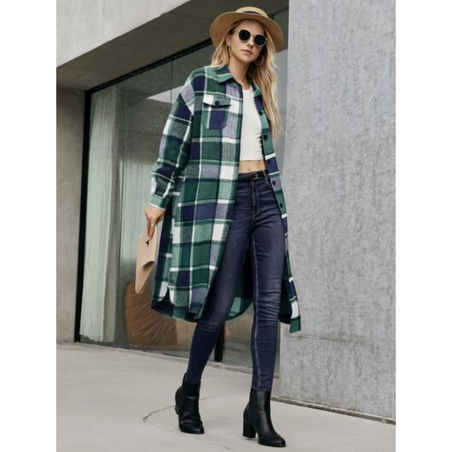 Plaid Pocketed Button Up Trench Coat Clothing