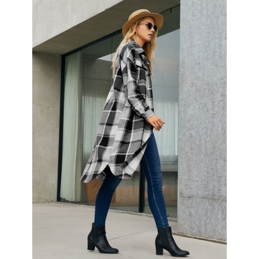 Plaid Pocketed Button Up Trench Coat Clothing