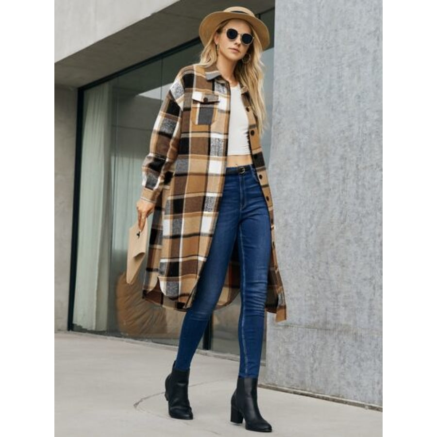 Plaid Pocketed Button Up Trench Coat Clothing