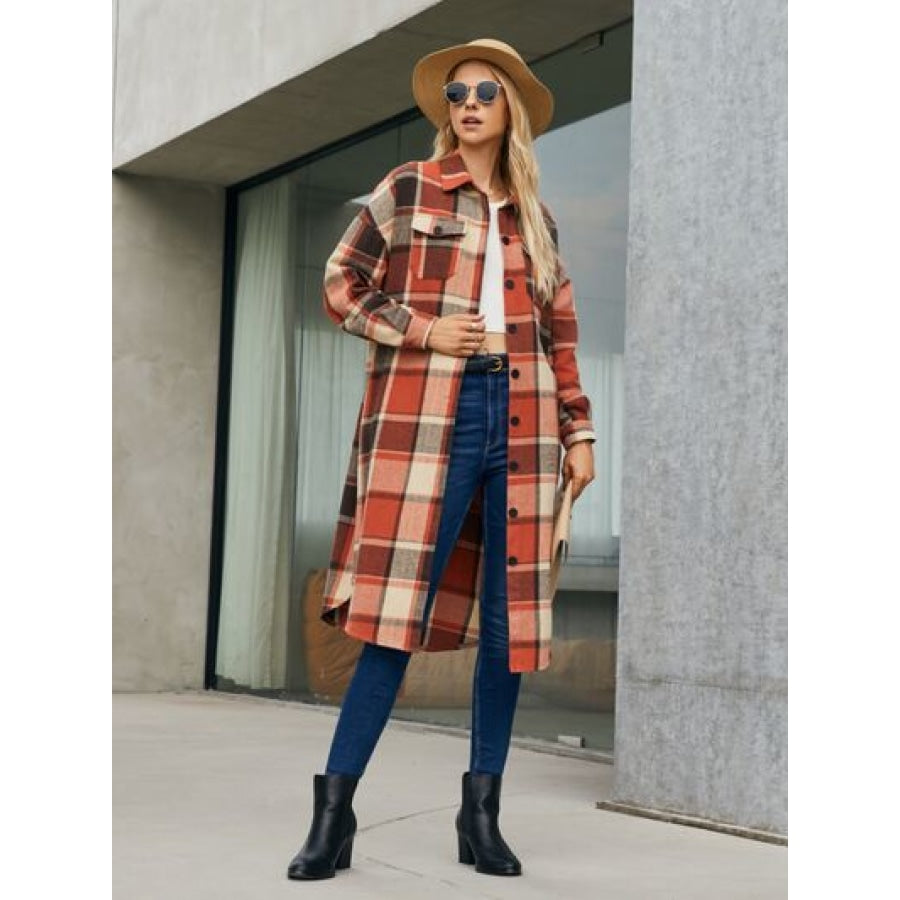 Plaid Pocketed Button Up Trench Coat Red Orange / S Clothing