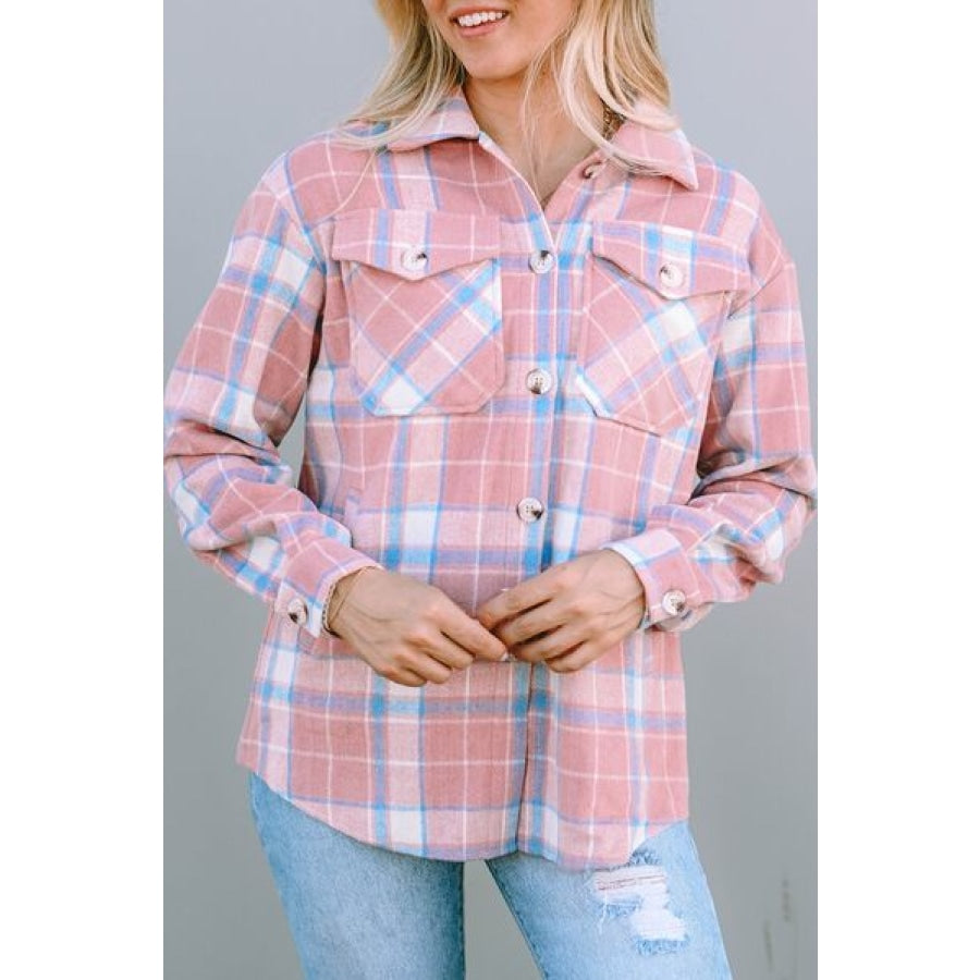 Plaid Pocketed Collared Neck Button Up Jacket Blush Pink / S Clothing