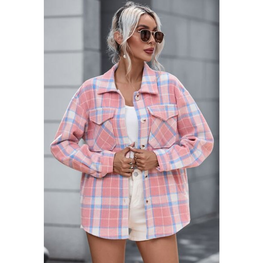 Plaid Pocketed Collared Neck Button Up Jacket Clothing