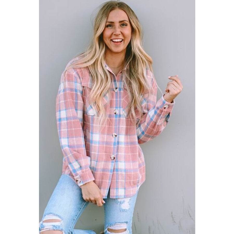 Plaid Pocketed Collared Neck Button Up Jacket Clothing