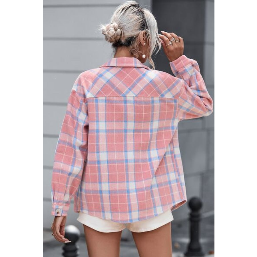 Plaid Pocketed Collared Neck Button Up Jacket Clothing