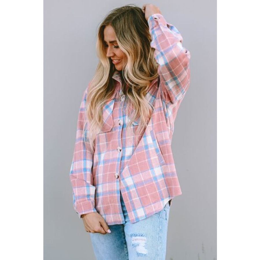 Plaid Pocketed Collared Neck Button Up Jacket Clothing