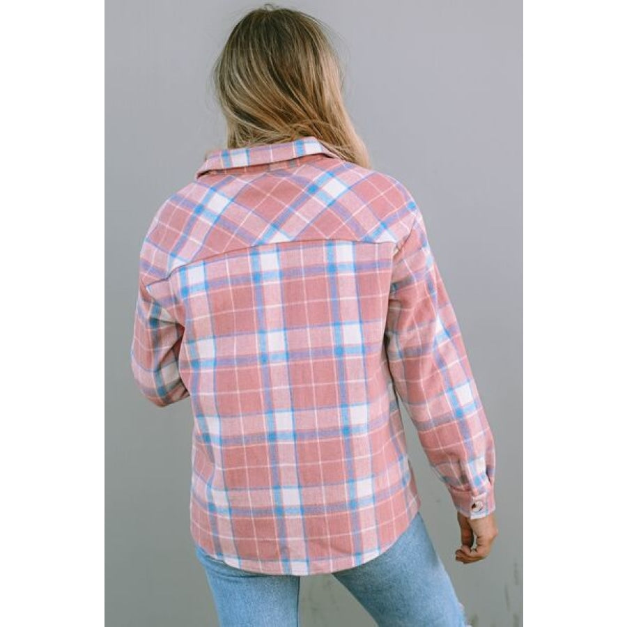 Plaid Pocketed Collared Neck Button Up Jacket Clothing