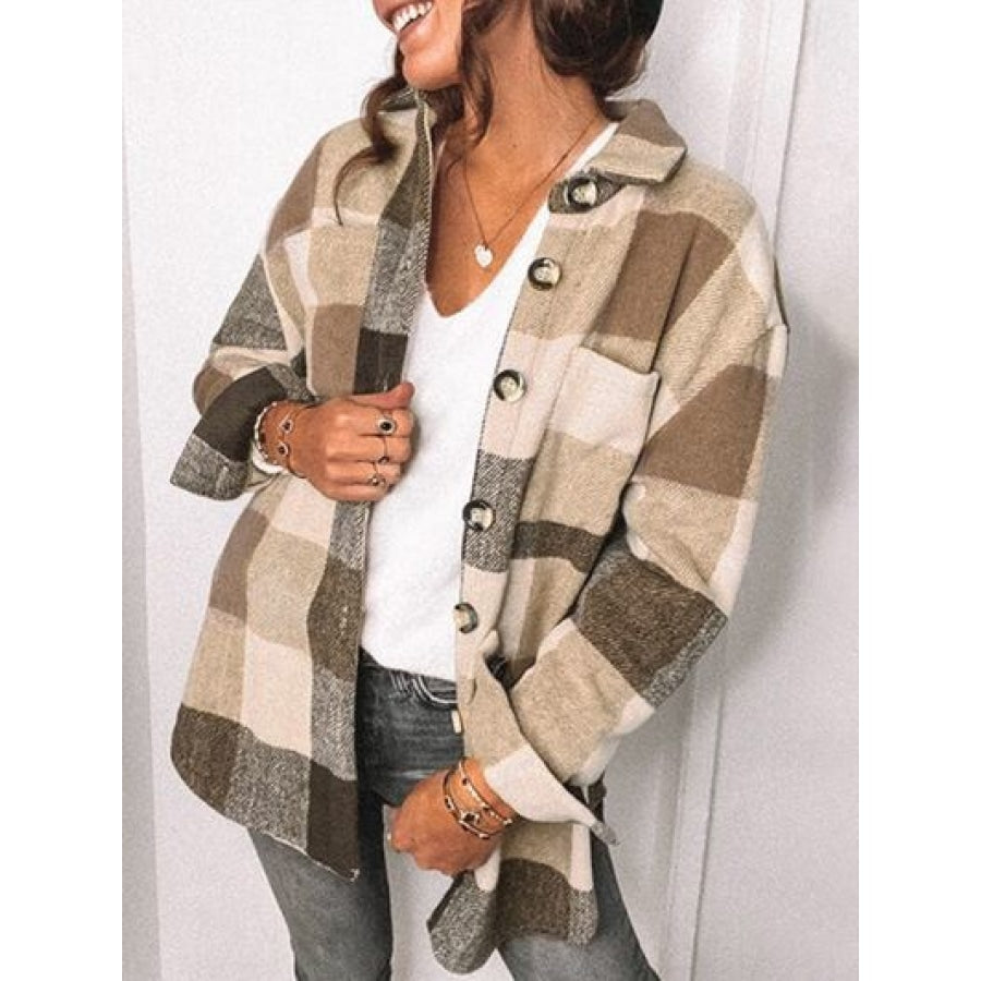 Plaid Pocketed Dropped Shoulder Button Up Jacket Camel / S Clothing