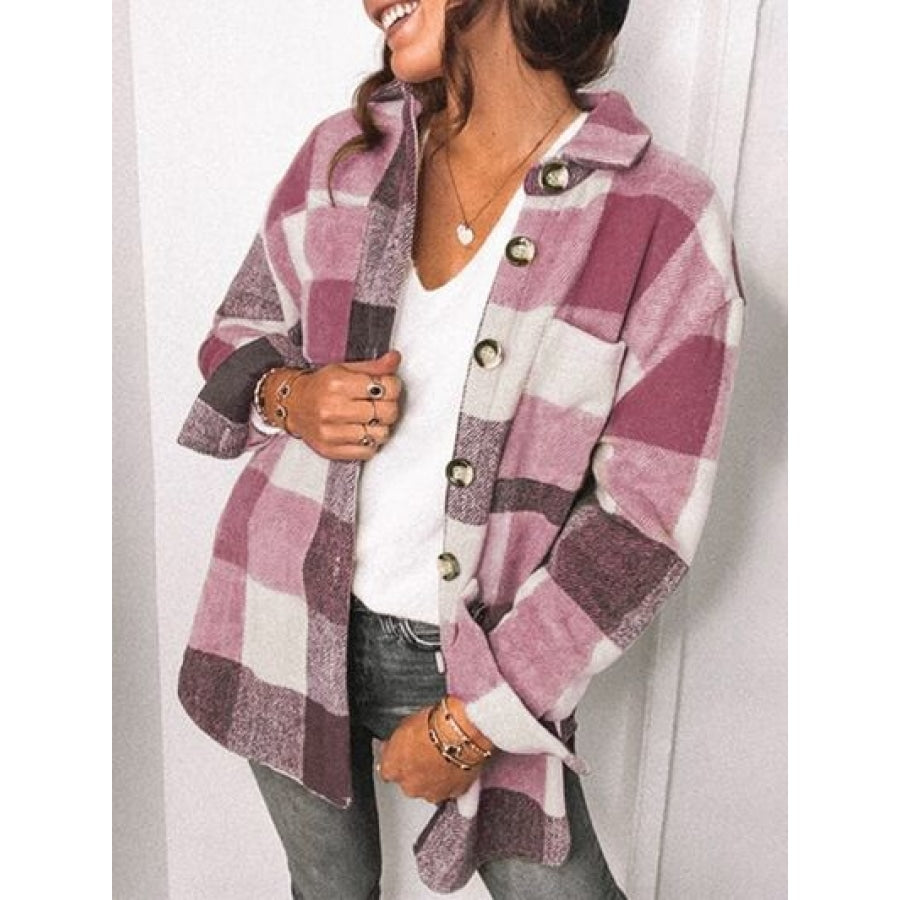 Plaid Pocketed Dropped Shoulder Button Up Jacket Cerise / S Clothing