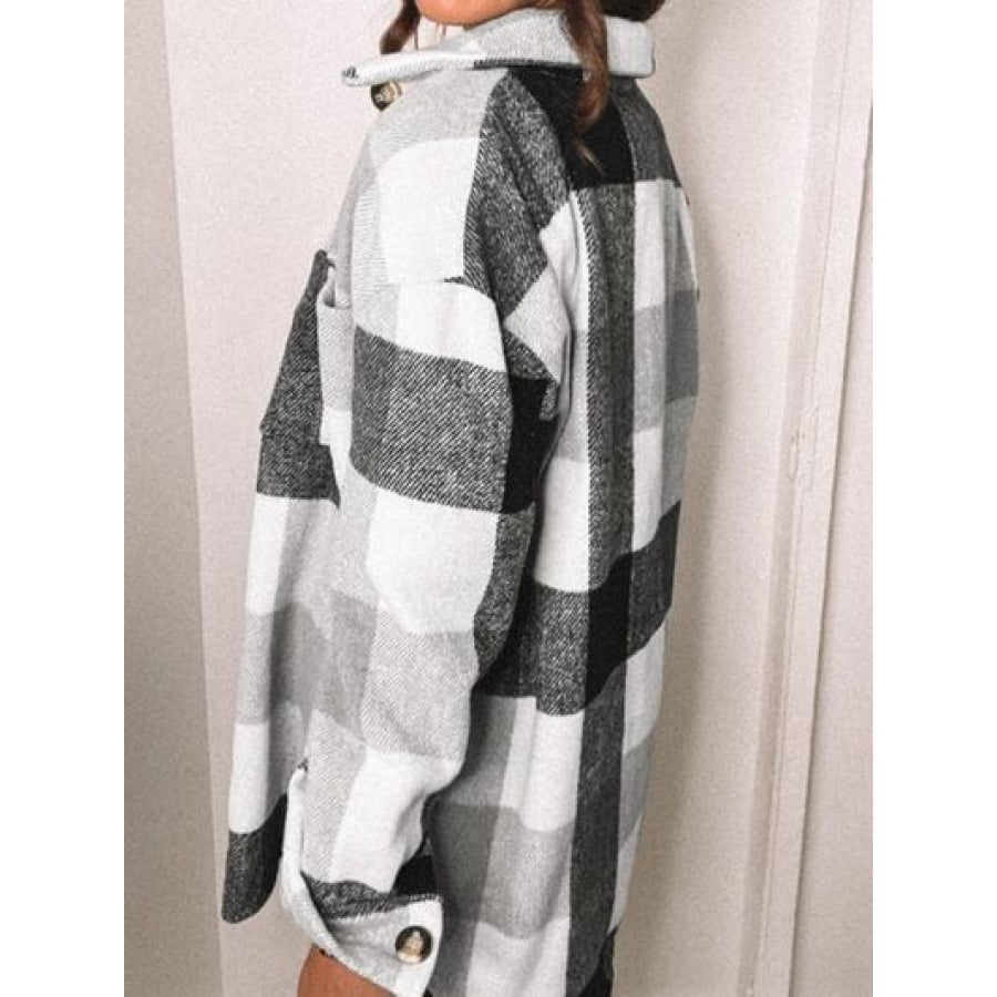 Plaid Pocketed Dropped Shoulder Button Up Jacket Clothing