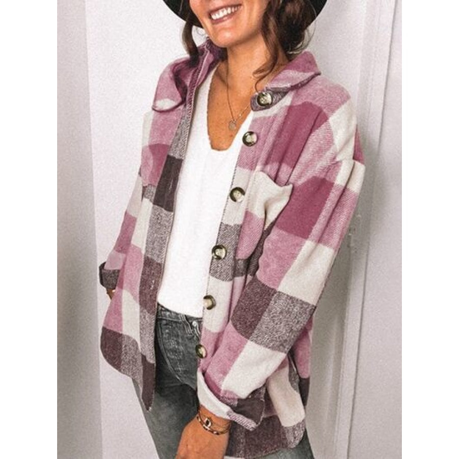 Plaid Pocketed Dropped Shoulder Button Up Jacket Clothing