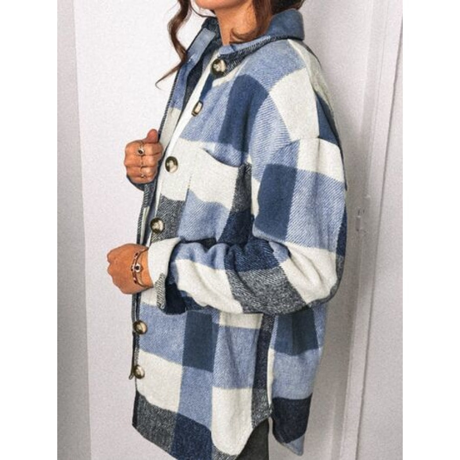 Plaid Pocketed Dropped Shoulder Button Up Jacket Clothing