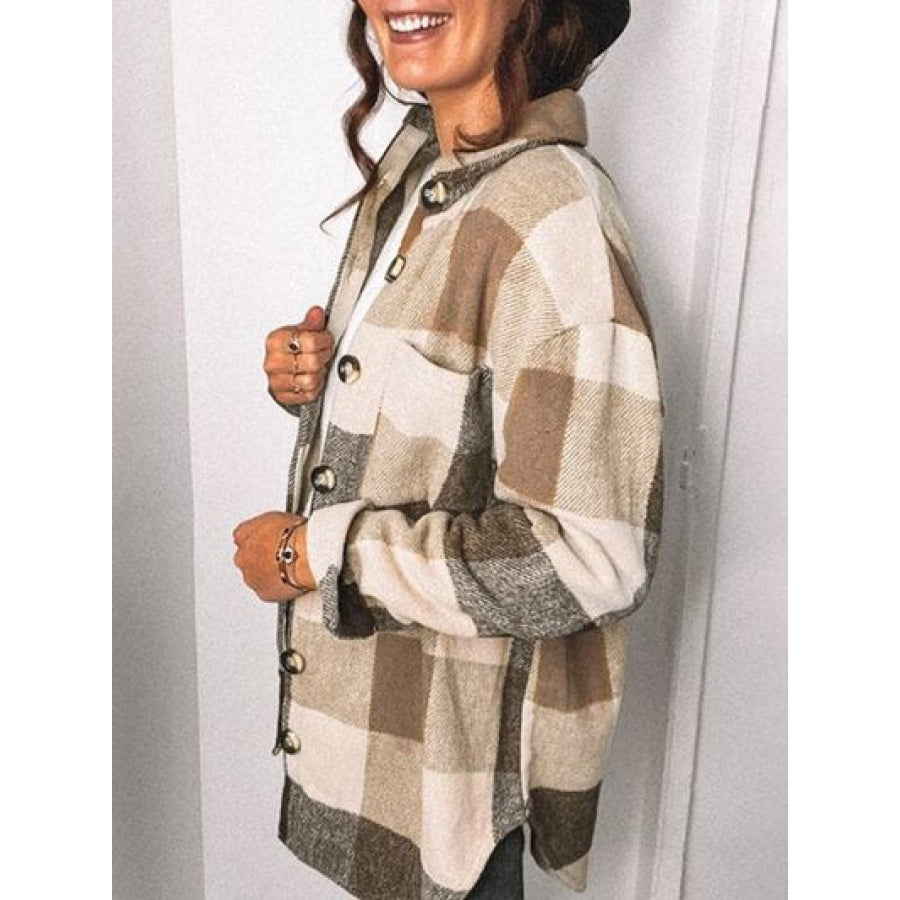 Plaid Pocketed Dropped Shoulder Button Up Jacket Clothing