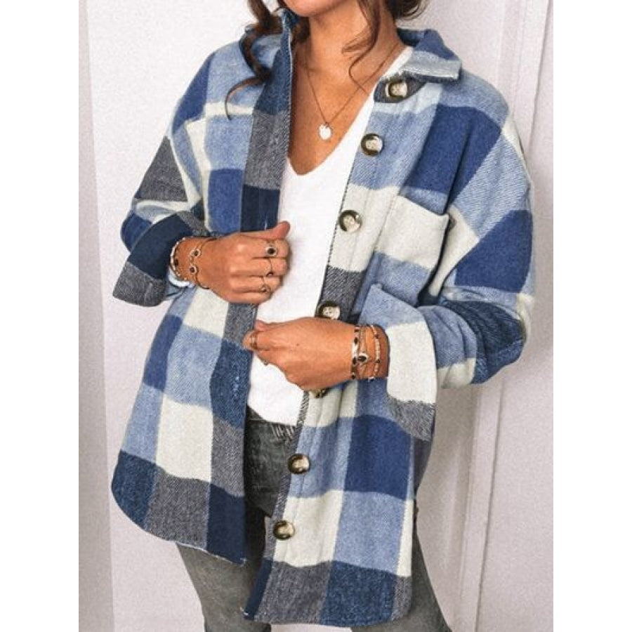 Plaid Pocketed Dropped Shoulder Button Up Jacket Dusty Blue / S Clothing