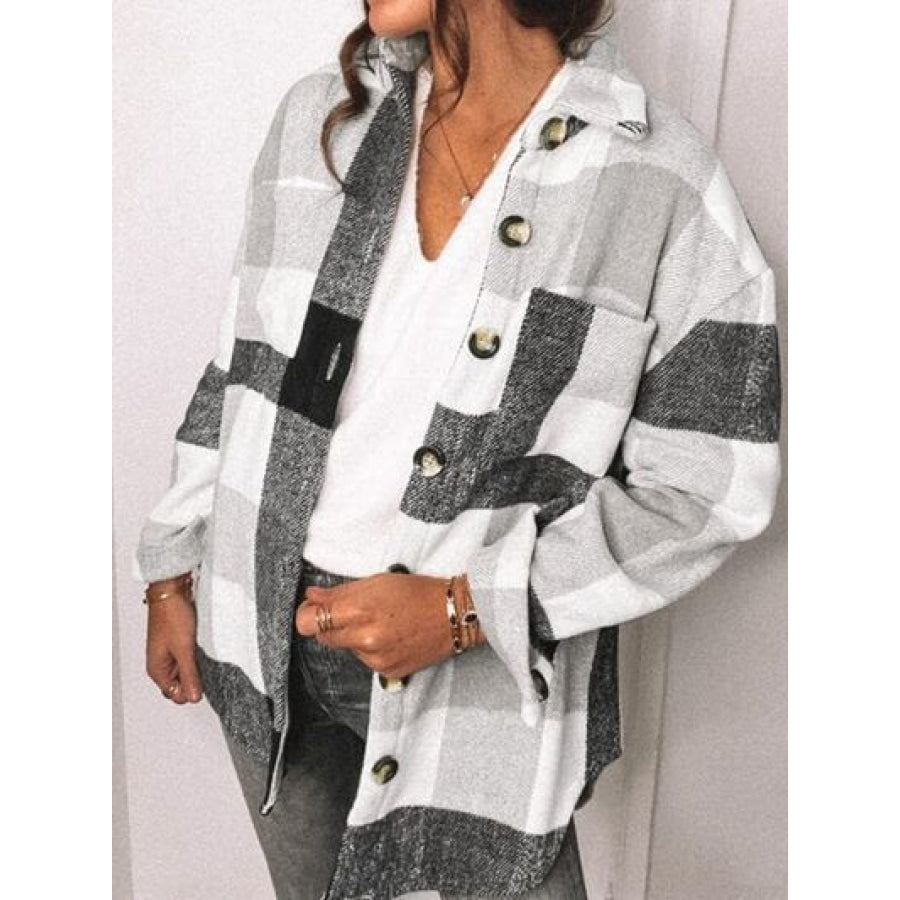 Plaid Pocketed Dropped Shoulder Button Up Jacket Heather Gray / S Clothing