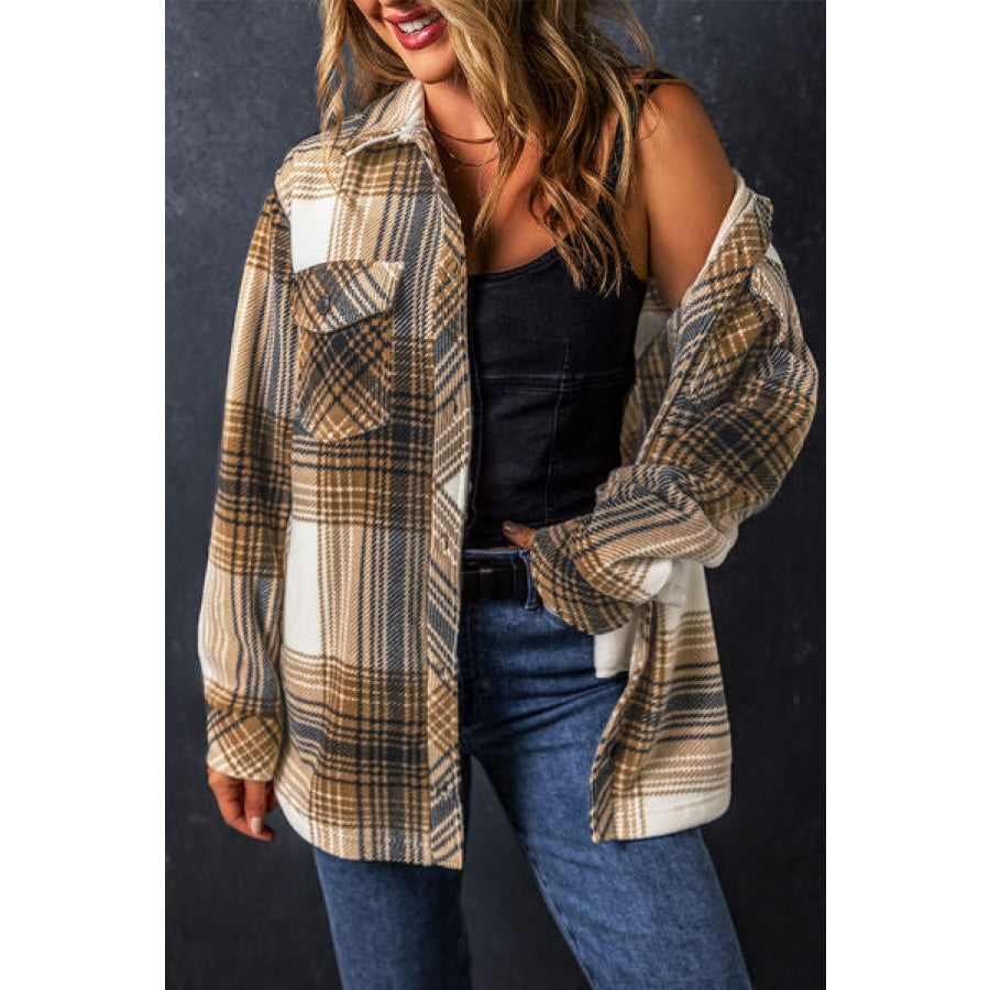 Plaid Pocketed Dropped Shoulder Coat Clothing