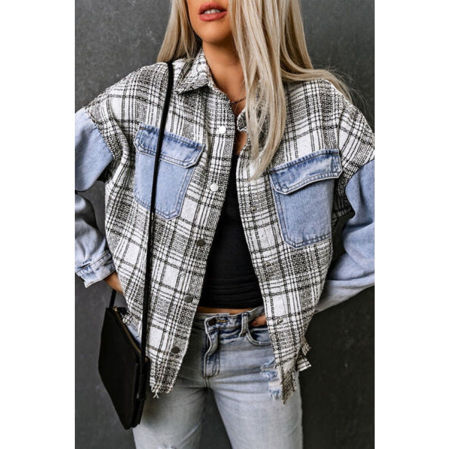 Plaid Pocketed Snap Down Denim Jacket Clothing