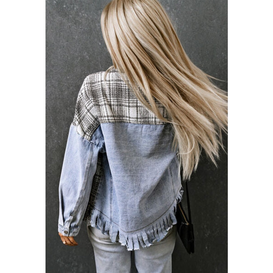 Plaid Pocketed Snap Down Denim Jacket Clothing