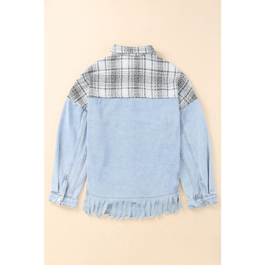 Plaid Pocketed Snap Down Denim Jacket Clothing