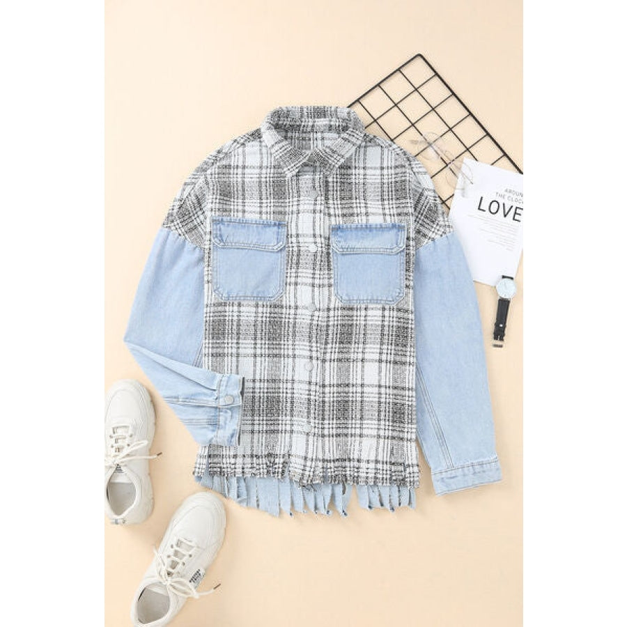 Plaid Pocketed Snap Down Denim Jacket Clothing