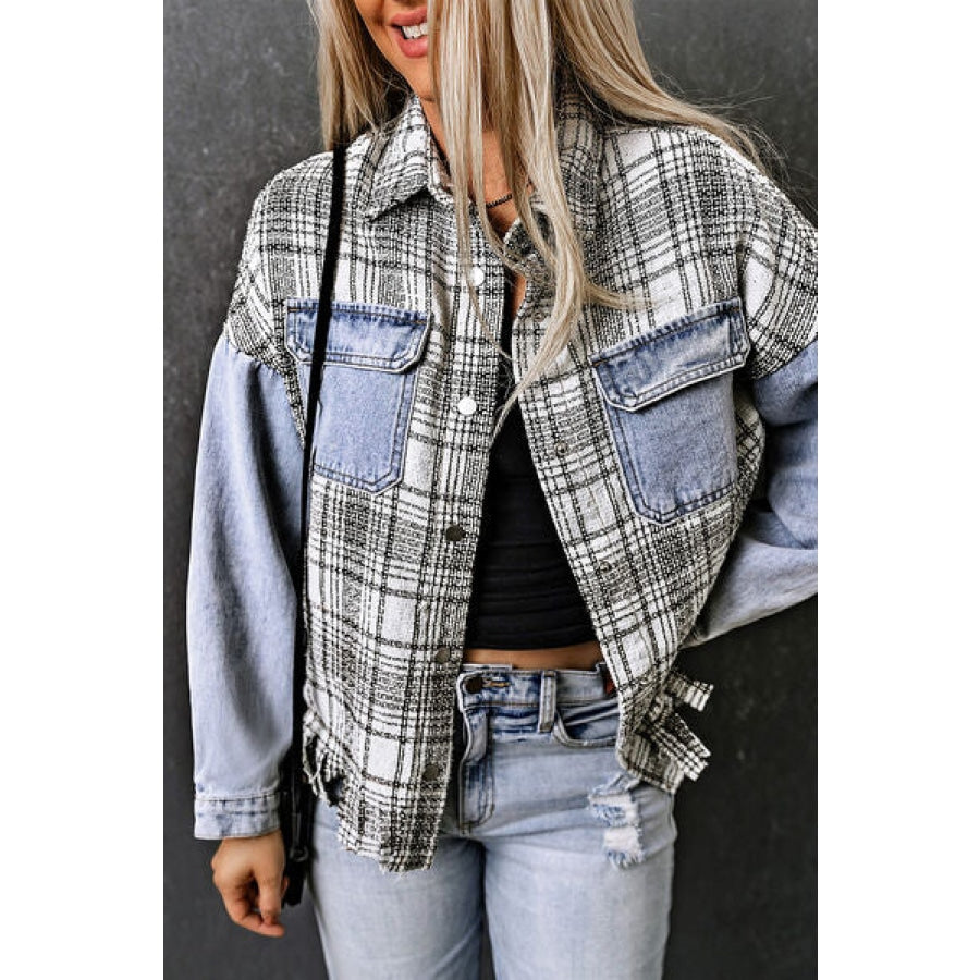 Plaid Pocketed Snap Down Denim Jacket Clothing