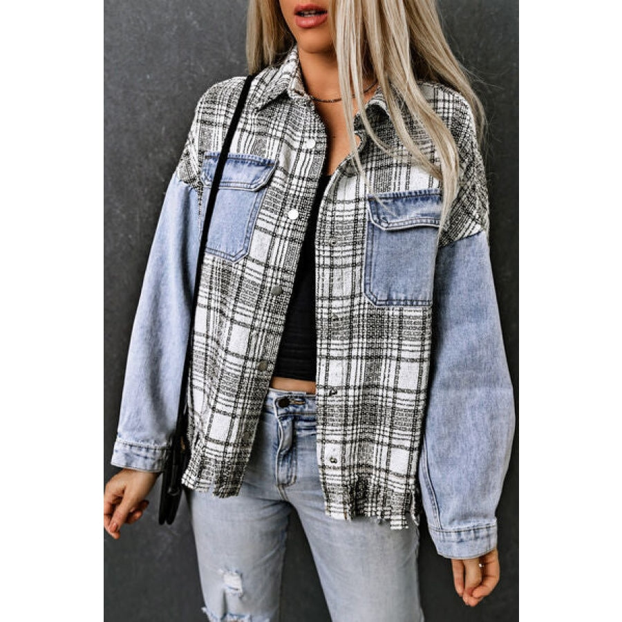 Plaid Pocketed Snap Down Denim Jacket Light / S Clothing