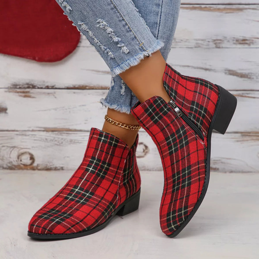 Plaid Point Toe Ankle Boots Red / 36 Apparel and Accessories