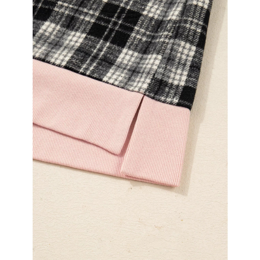 Plaid Polo Collar Zip up Contrast Trim Shift Long Sleeve Mini Dress Apparel and Accessories