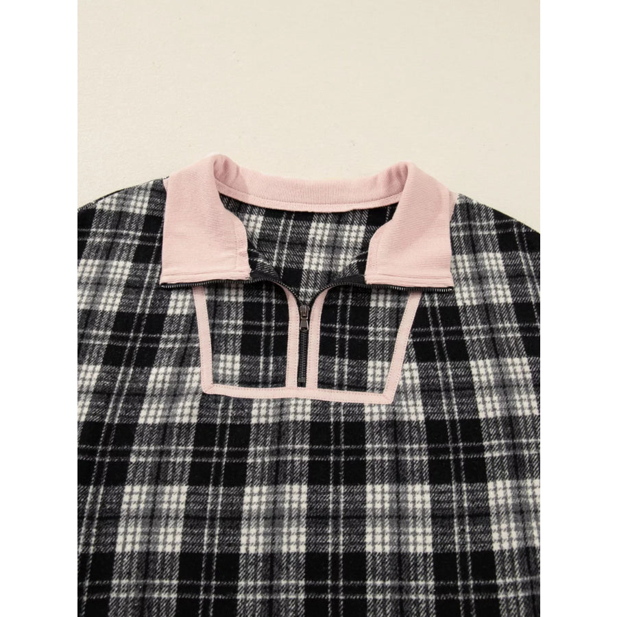 Plaid Polo Collar Zip up Contrast Trim Shift Long Sleeve Mini Dress Apparel and Accessories