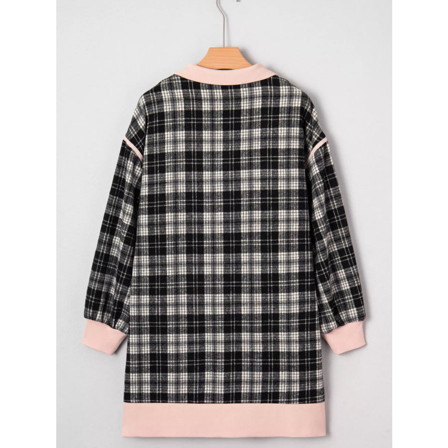 Plaid Polo Collar Zip up Contrast Trim Shift Long Sleeve Mini Dress Apparel and Accessories