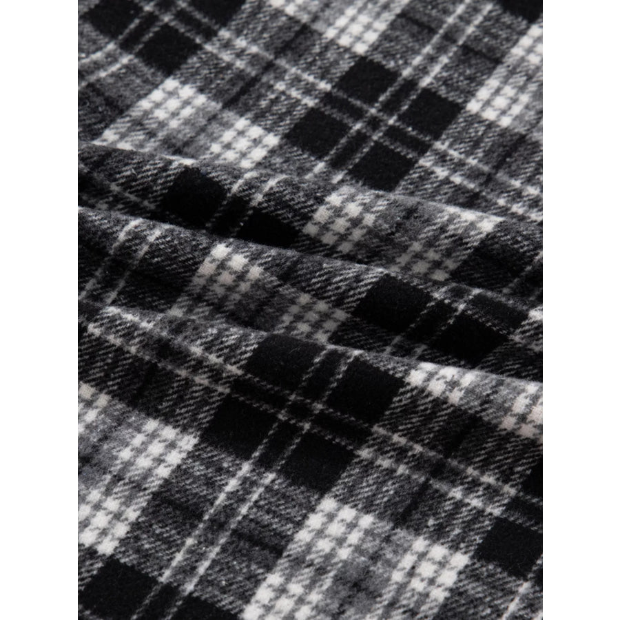Plaid Polo Collar Zip up Contrast Trim Shift Long Sleeve Mini Dress Apparel and Accessories