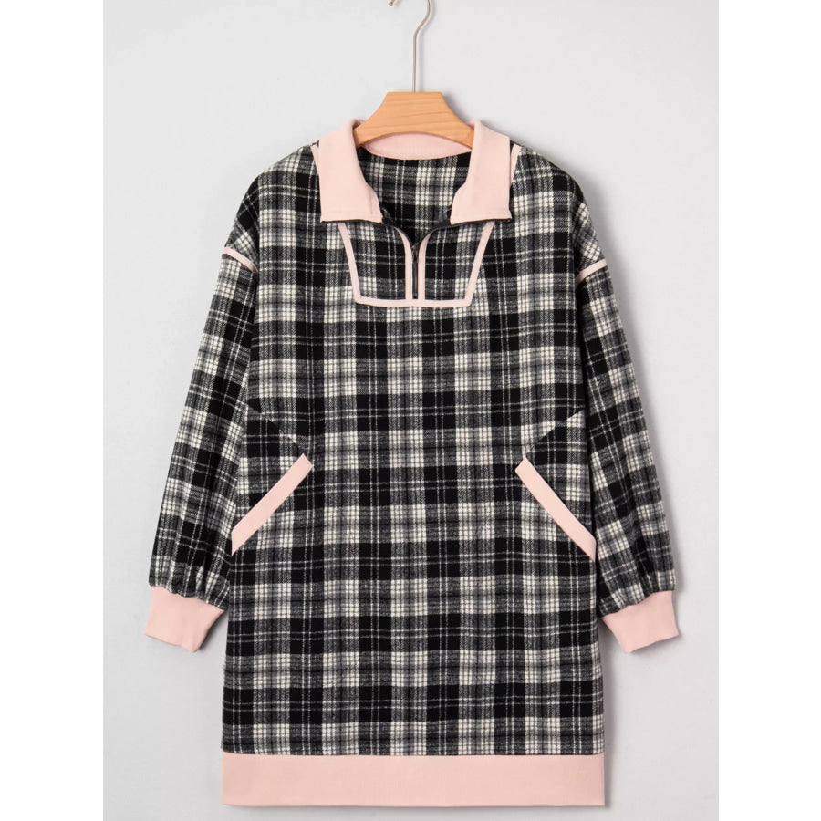 Plaid Polo Collar Zip up Contrast Trim Shift Long Sleeve Mini Dress Apparel and Accessories