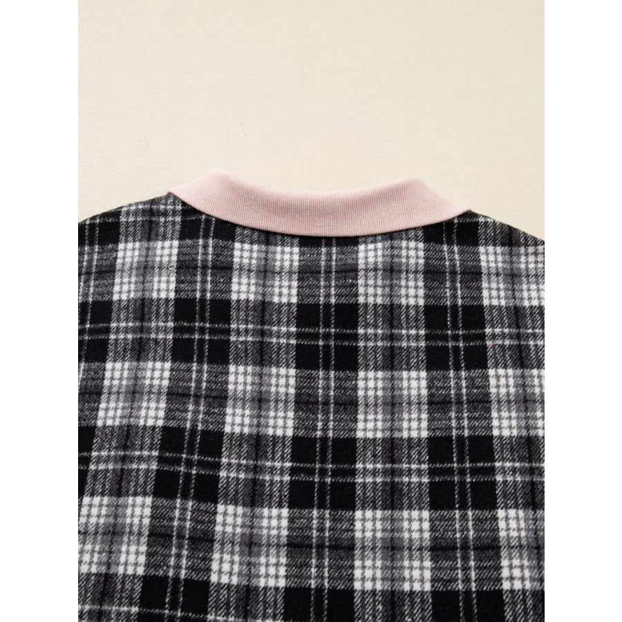 Plaid Polo Collar Zip up Contrast Trim Shift Long Sleeve Mini Dress Apparel and Accessories