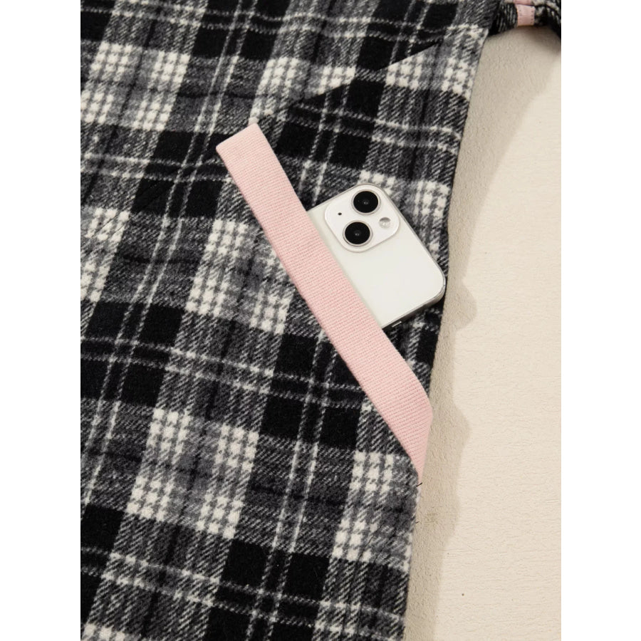 Plaid Polo Collar Zip up Contrast Trim Shift Long Sleeve Mini Dress Apparel and Accessories