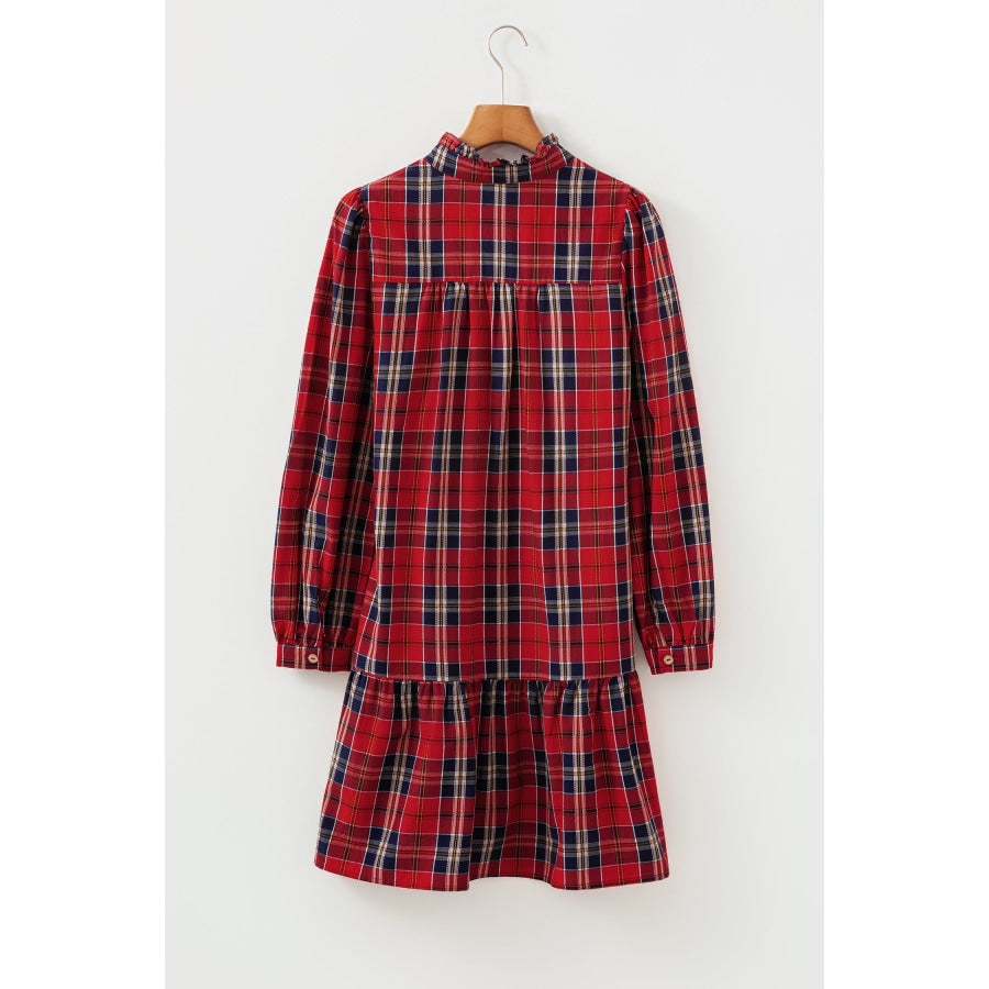 Plaid Print Frilly Collar Long Sleeve Shift Mini Dress Apparel and Accessories