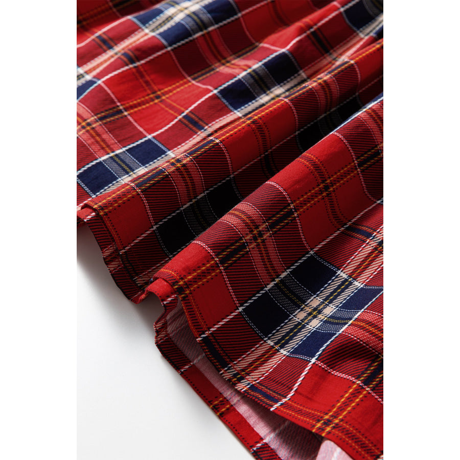 Plaid Print Frilly Collar Long Sleeve Shift Mini Dress Apparel and Accessories