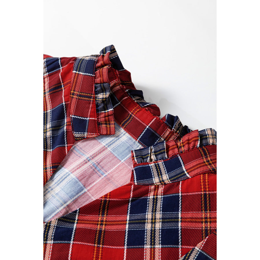 Plaid Print Frilly Collar Long Sleeve Shift Mini Dress Apparel and Accessories