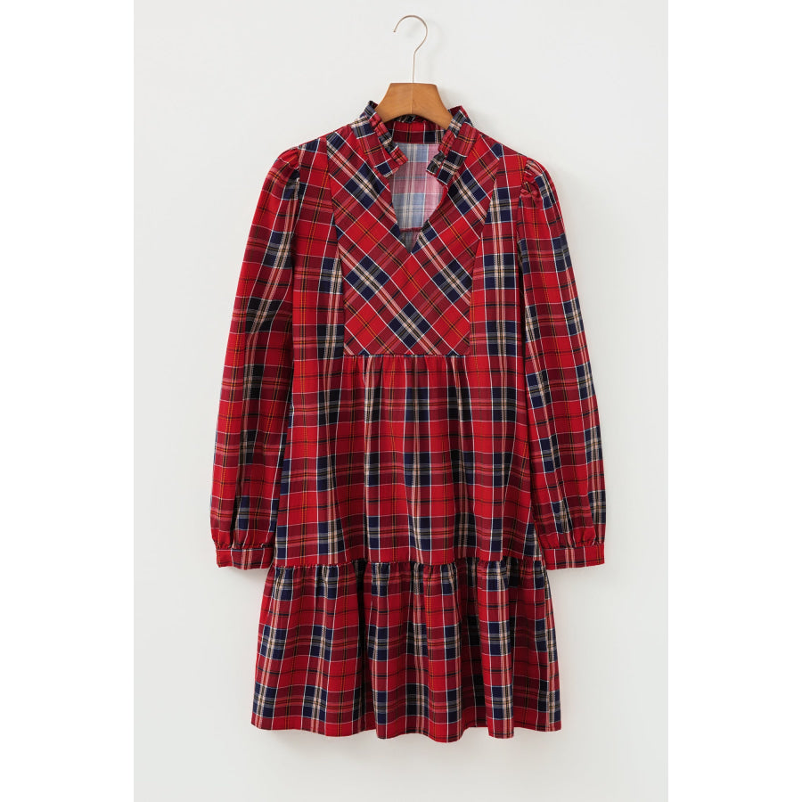 Plaid Print Frilly Collar Long Sleeve Shift Mini Dress Apparel and Accessories