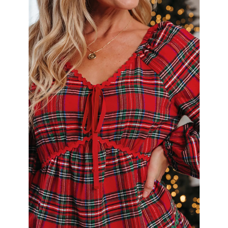 Plaid Print Ricrac Tiered Bubble Sleeve Mini Dress Apparel and Accessories